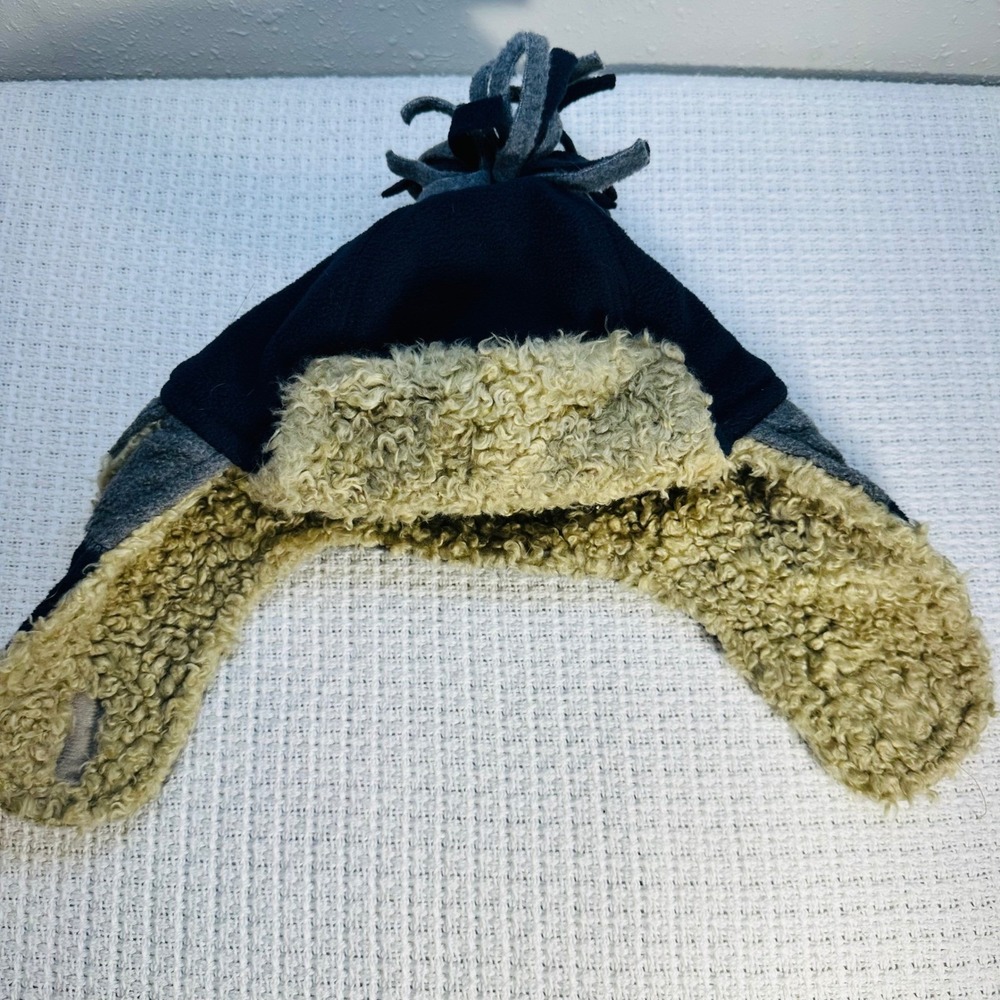 GAP Kids Trapper Hat Winter Fleece Lined Navy Blue Gray Pom Pom Ear Flaps - Picture 10 of 11